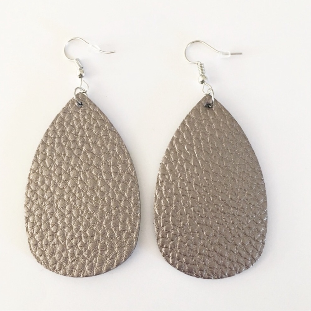 Pewter Silver Metallic Vegan Leather Teardrop Earrings